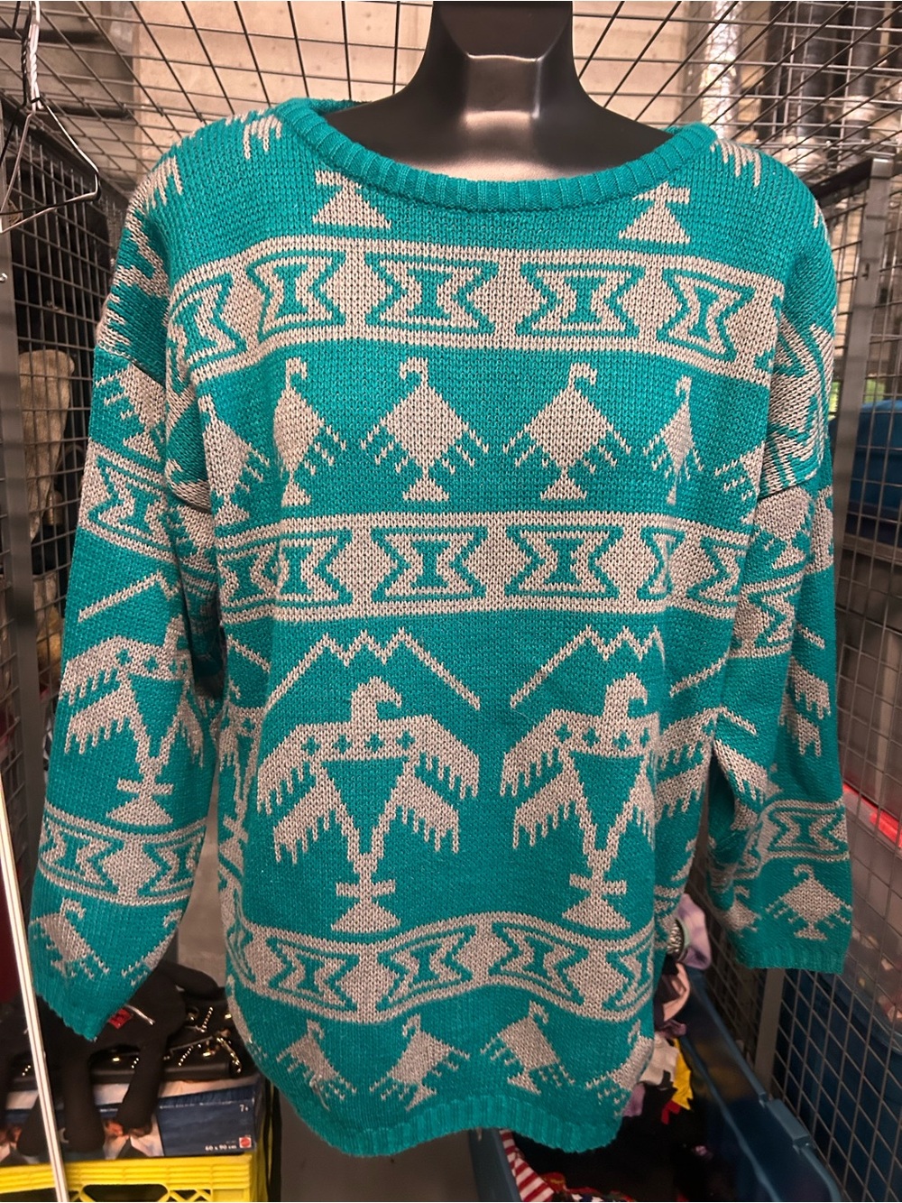 Vintage beautiful 80’s Turquoise Taupe grey Geometric Knit Women's Sweater L/XL